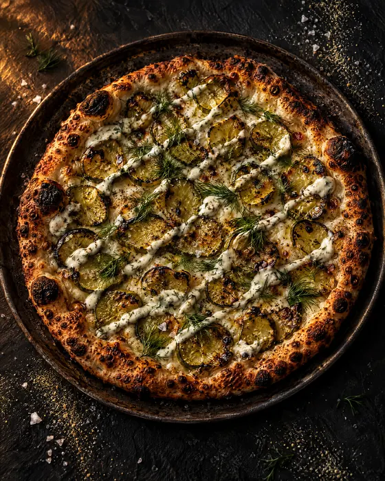 Overhead view of a fire roasted pickle pizza drizzled with dill aioli